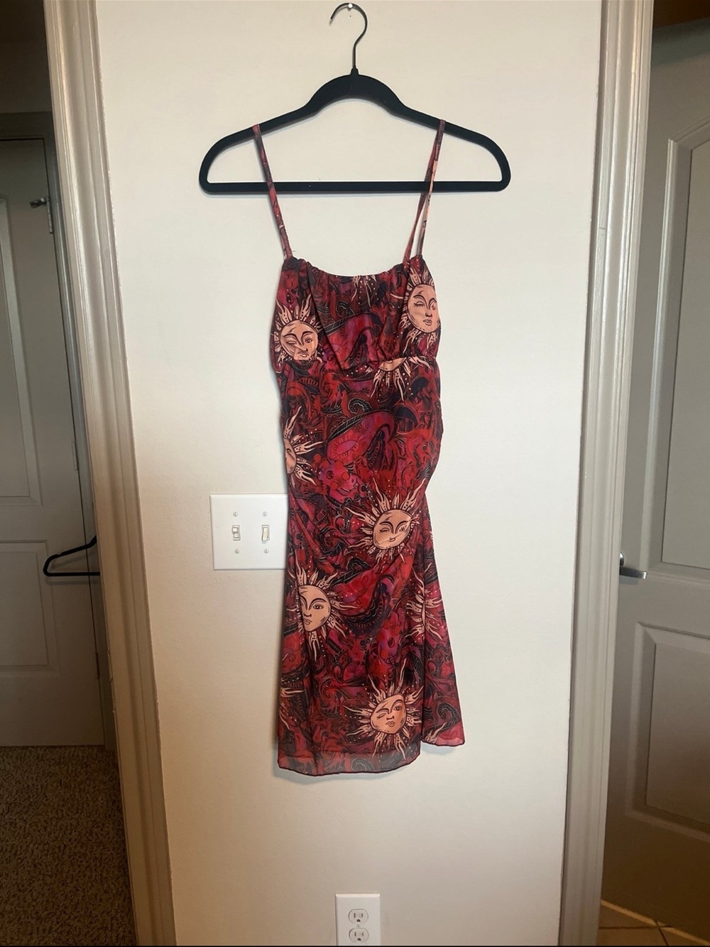 Red Sun-Print Spaghetti Strap Mini Dress